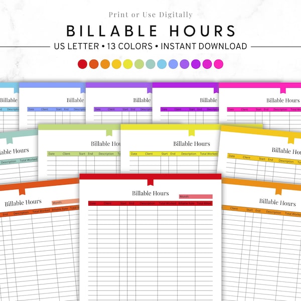 Rastreador de horas facturables imprimible, Horas facturables legales, Registro de horas trabajadas, Hoja de seguimiento de tiempo, Planificador para autónomos, Rastreador de horas de clientes abogados