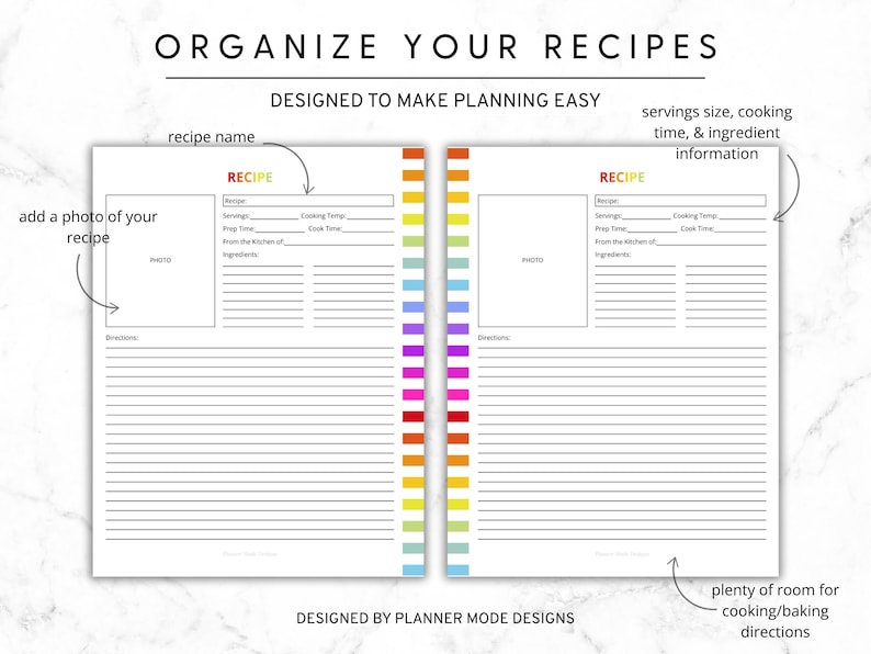 Recipe Book Printable, Digital Recipe Binder, Blank Recipe Pages PDF, Cookbook Template, Meal ...