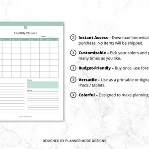 May include: A printable monthly planner with a grid layout for scheduling. The planner includes sections for to-do lists, goals, and notes, with a light teal accent color. The text "Monthly Planner" is at the top.