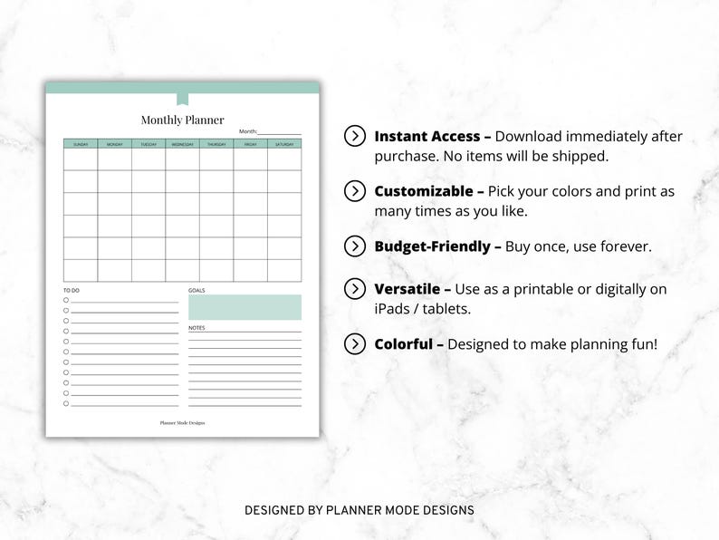 May include: A printable monthly planner with a grid layout for scheduling. The planner includes sections for to-do lists, goals, and notes, with a light teal accent color. The text "Monthly Planner" is at the top.
