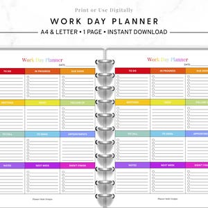 May include: A two-page work day planner with a spiral binding. The planner has sections for to-do lists, meetings, ideas, follow-ups, calls, emails, and appointments. Each section is color-coded with red, orange, yellow, green, blue, and purple tabs.
