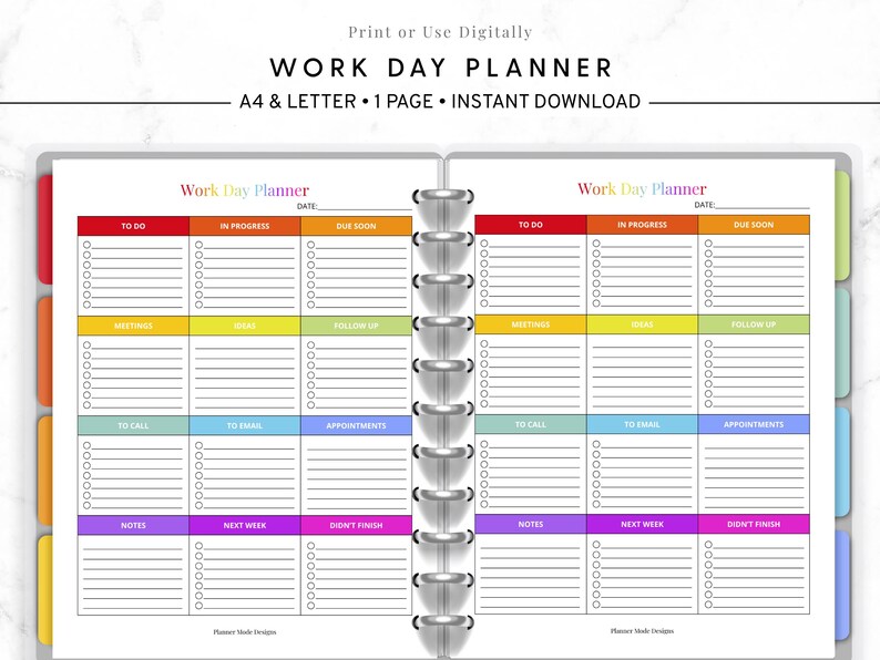 May include: A two-page work day planner with a spiral binding. The planner has sections for to-do lists, meetings, ideas, follow-ups, calls, emails, and appointments. Each section is color-coded with red, orange, yellow, green, blue, and purple tabs.