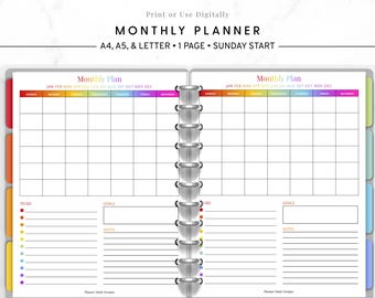 Colorful Monthly Planner, Printable Calendar A4 A5 Letter, Undated PDF Download, Bright Planner Pages, Instant Digital File
