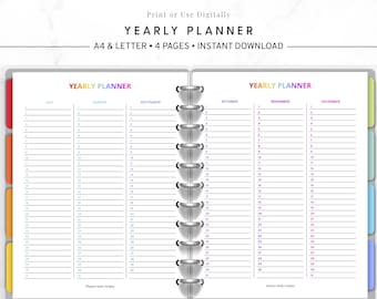 Planificador anual perpetuo imprimible, plantilla de calendario anual sin fecha, resumen del año en PDF, páginas de planificación digital reutilizables