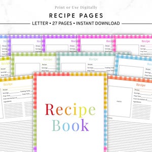 Recipe Page Printable, Printable Recipe Card, Digital Recipe Template, Family Recipe Sheet, Kitchen Planner Insert, Gingham Colorful Recipes