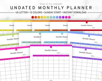 Monthly Planner Undated Printable, Blank Monthly Calendar, Digital Monthly Pages, PDF Download