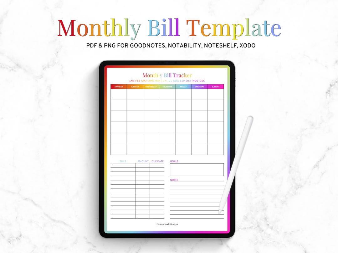 Monthly Bill Calendar Goodnotes Template, Digital Bill Tracker PDF ...