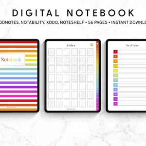 May include: Digital notebook displayed on three tablets. The first tablet shows a colorful striped cover with the word "Notebook". The second tablet displays an index page. The third tablet shows a sections page with numbered tabs.