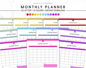 Monthly Planner Printable, Undated Monthly Calendar PDF, Rainbow Planner Pages, Instant Download Monthly Organizer