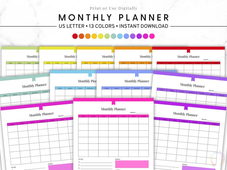 May include: A collection of colorful monthly planner pages. Each page features a calendar grid, with the words "Monthly Planner" at the top. The text "US Letter 13 Colors Instant Download" is also visible.
