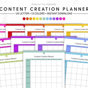 May include: A collection of colorful content creation planners. Each planner features a grid layout for scheduling and planning. The image includes text that reads "CONTENT CREATION PLANNER" and "US LETTER • 13 COLORS • INSTANT DOWNLOAD."