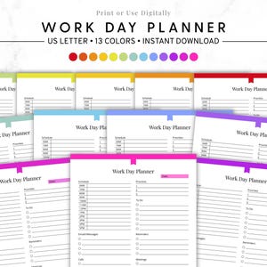 Pode incluir: Uma coleção de folhas coloridas de planejador de dia de trabalho. Cada folha apresenta um cronograma, uma lista de prioridades, uma seção de tarefas e espaço para lembretes e notas. O texto "WORK DAY PLANNER" está no topo.