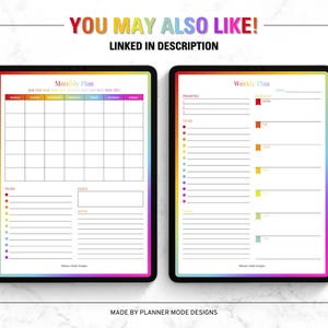 May include: Two digital planners displayed side-by-side. The left planner is a monthly plan with a grid layout and the text "Monthly Plan". The right planner is a weekly plan with a to-do list and the text "Weekly Plan". Both have rainbow borders.