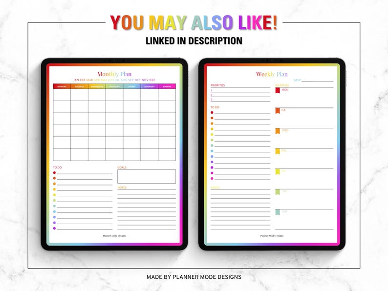 May include: Two digital planners displayed side-by-side. The left planner is a monthly plan with a grid layout and the text "Monthly Plan". The right planner is a weekly plan with a to-do list and the text "Weekly Plan". Both have rainbow borders.