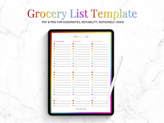 Grocery List Goodnotes Template, Digital Shopping List PDF, iPad Grocery Planner, Food List Page, Notability Insert, Instant Download