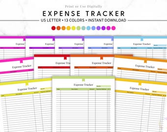 Puede incluir: Una colección de plantillas de seguimiento de gastos en varios colores, incluyendo rosa, morado y naranja. El texto "EXPENSE TRACKER" y "US LETTER • 13 COLORS • INSTANT DOWNLOAD" son visibles. Cada plantilla tiene secciones para fecha, descripción, cantidad y método de pago.