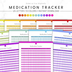 Puede incluir: Una colección de hojas de seguimiento de medicamentos coloridas. Cada hoja presenta una cuadrícula para rastrear los detalles de la medicación, con el título "Medication Tracker". El texto "US LETTER • 13 COLORS • INSTANT DOWNLOAD" está incluido.