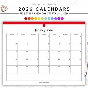 Calendário para impressão 2026, calendário digital de 12 meses, planejador mensal horizontal de 8,5 x 11, início na segunda-feira