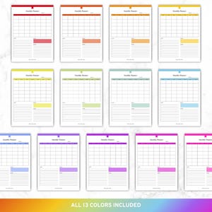 May include: A collection of 13 monthly planner pages in various colors, including red, orange, yellow, green, blue, and purple. Each planner features a calendar grid, a notes section, and the text "Monthly Planner". The bottom of the image reads "ALL 13 COLORS INCLUDED".