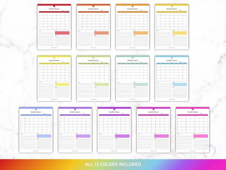 May include: A collection of 13 monthly planner pages in various colors, including red, orange, yellow, green, blue, and purple. Each planner features a calendar grid, a notes section, and the text "Monthly Planner". The bottom of the image reads "ALL 13 COLORS INCLUDED".