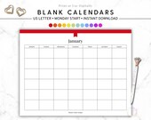 Blank Calendar, 12 Month Digital Calendar, Undated Calendar Template, 8.5 x 11 Landscape Planner, Monday Start, Event & Social Calendar