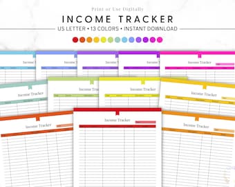May include: A collection of colorful income tracker sheets. Each sheet has a header with the words "Income Tracker" and sections for date, source, description, and amount. The sheets come in various colors, including blue, green, and orange.