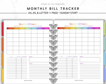 Monthly Bill Tracker Printable, Bill and Due Date, Budget Planner Insert PDF, Bill Payment Log Template, A4 A5 Letter, Instant Download
