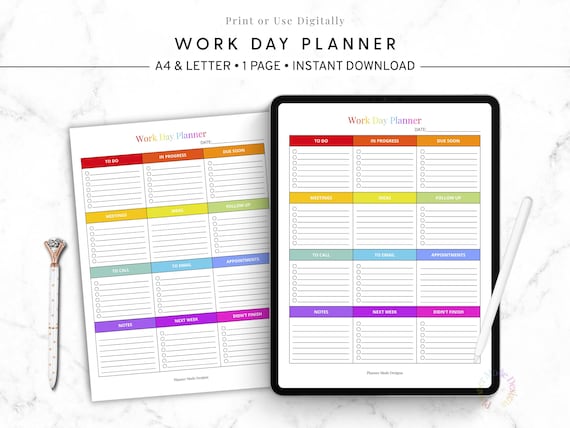 Work Day Schedule Planner, Printable Daily Organizer PDF, Task List Template, Productivity Printable, Office Sheet, Instant Download