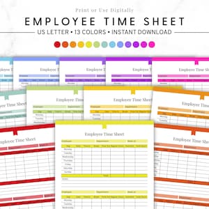 May include: A collection of colorful employee time sheets in various colors, including blue, green, yellow, and pink. Each sheet is labeled "Employee Time Sheet" and includes fields for employee information, date, time, and totals. The text "US Letter" is visible.