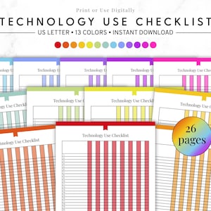 Op de afbeelding: Een verzameling kleurrijke, afdrukbare pagina's met de tekst "Technology Use Checklist". Elke pagina heeft een raster voor het bijhouden van technologiegebruik, met de titel bovenaan. De afbeelding bevat tekst: "US LETTER • 13 KLEUREN • DIRECT DOWNLOADEN" en "26 pagina's".
