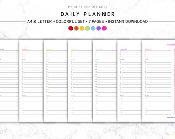 Rainbow Daily Planner Printable, Daily with Meal Plan, Colorful To Do List, Undated Daily Schedule, Instant Download, Bright Day Organizer
