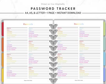 Password Tracker Printable, Password Log Template, Printable Password Organizer, A4 A5 Letter Size PDF, Digital Planner Page