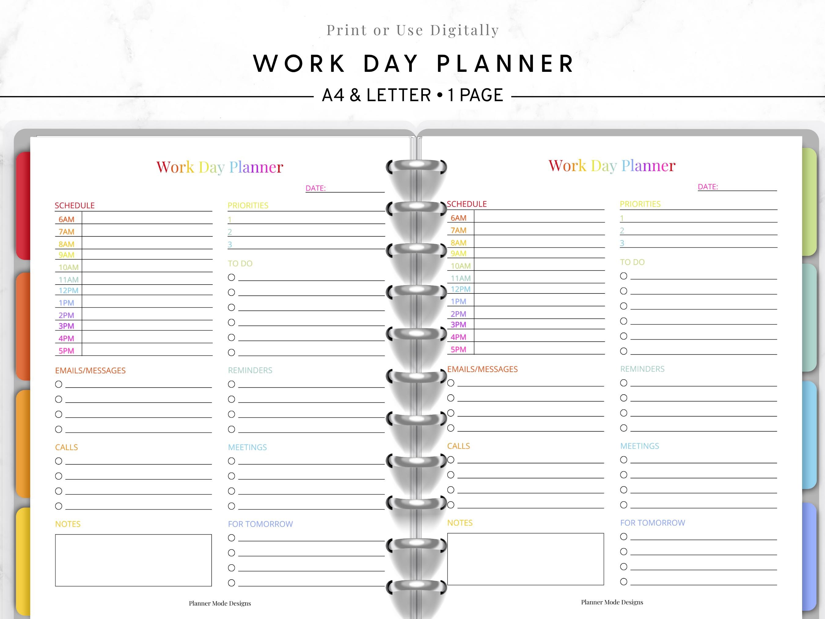 Work Day Printable Planner, Daily Work Schedule Template, Productivity ...