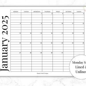 2025 Calendar Printable, Monday Start Monthly Planner, Landscape Monthly PDF, Lined Calendar Pages, Unlined Monthly Planner
