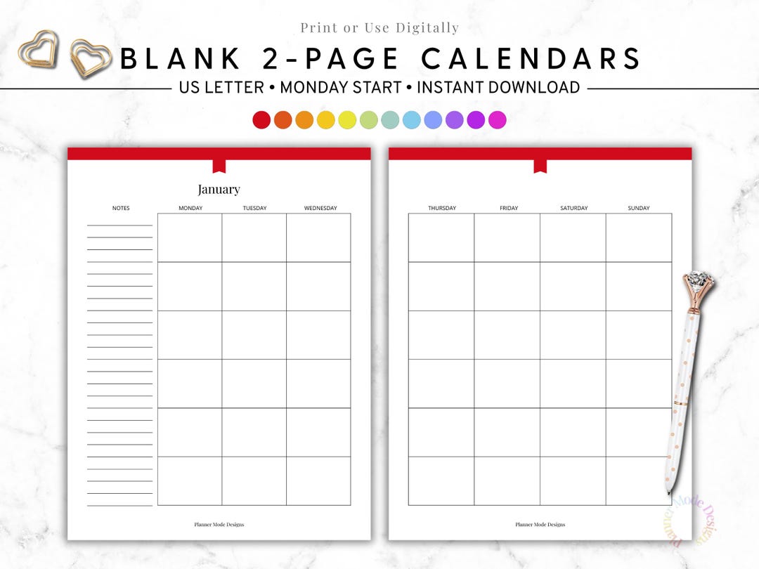 Blank Monday Start Calendar, Printable Calendar, 2 Page Monthly ...