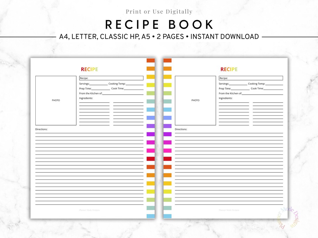 Recipe Book Printable, Digital Recipe Binder, Blank Recipe Pages PDF, Cookbook Template, Meal ...