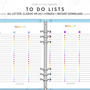 May include: A digital planner with "TO DO LISTS" printed on the pages. The pages are white with rainbow-colored dots and tabs. The planner is in a light blue binder. Text on the image includes "A4, LETTER, CLASSIC HP, A5 • 4 PAGES • INSTANT DOWNLOAD."