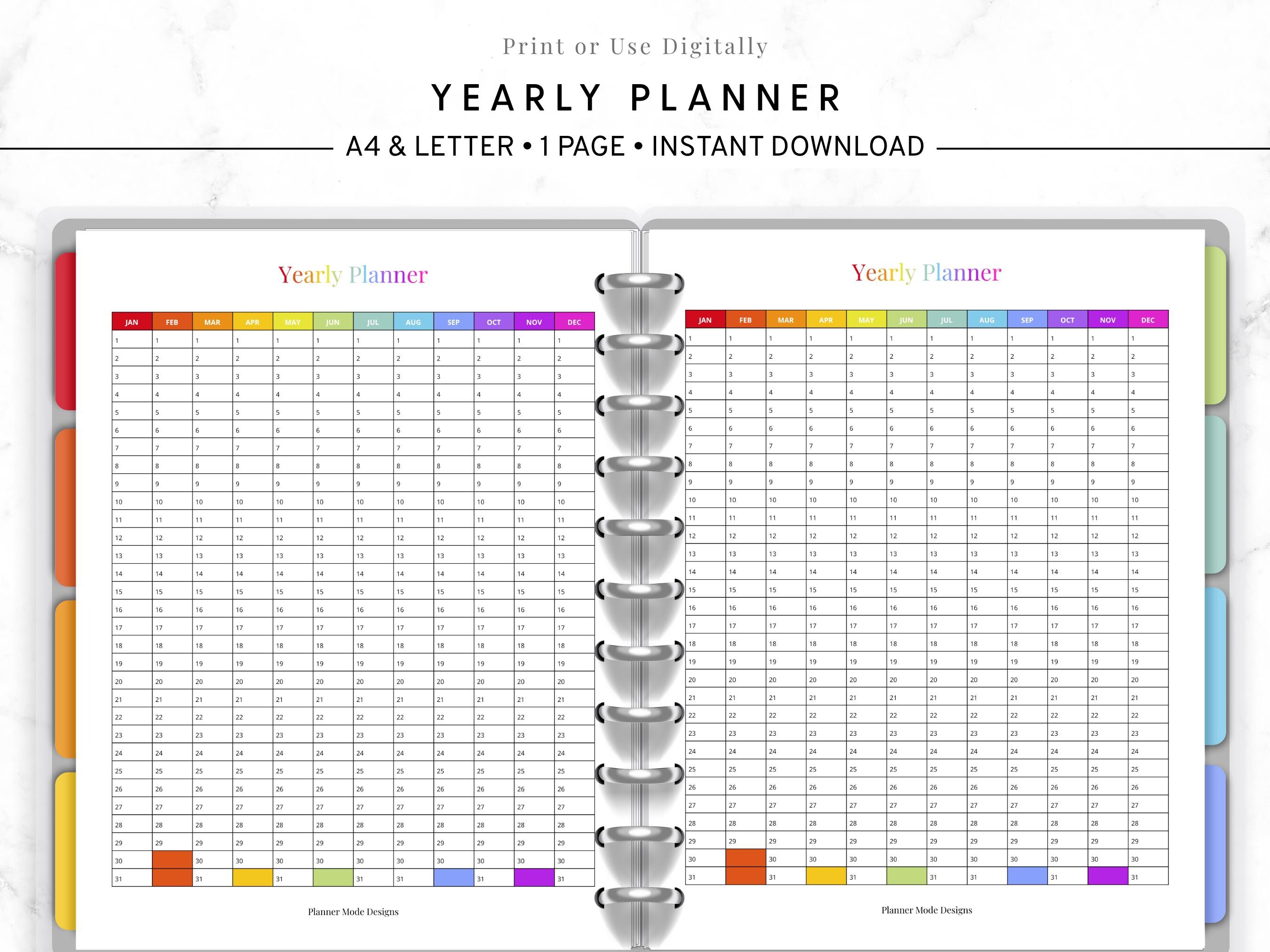 Perpetual Yearly Calendar Printable, Undated Year at a Glance Planner ...