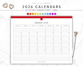 Sunday Start 2026 Calendar with Lines, Printable 2026 Fridge Calendar,  Monthly Calendar with Notes, Lined Monthly Planner