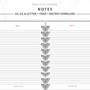 Notes Page Printable, Lined Notes Template, Digital Notes Sheet PDF, Planner Insert for A4 A5 Letter Size, Instant Download