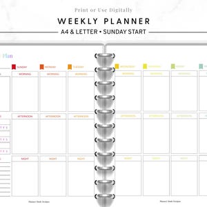 May include: A weekly planner with a spiral binding, featuring a layout for each day of the week. The planner includes sections for goals, habits, and notes, with color-coded tabs and the text "WEEKLY PLANNER A4 & LETTER • SUNDAY START".