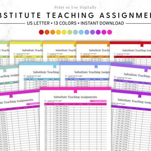 Puede incluir: Una colección de hojas de trabajo para maestros sustitutos en tamaño US Letter. Cada hoja presenta un encabezado con el texto "Substitute Teaching Assignments" y una cuadrícula para registrar detalles. La imagen incluye 13 variaciones de color.