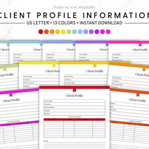 Może przedstawiać: Zbiór kolorowych arkuszy informacyjnych profilu klienta. Każdy arkusz zawiera nagłówek z tekstem "Client Profile" oraz pola na dane klienta. Arkusze są dostępne w 13 kolorach i przeznaczone do natychmiastowego pobrania.