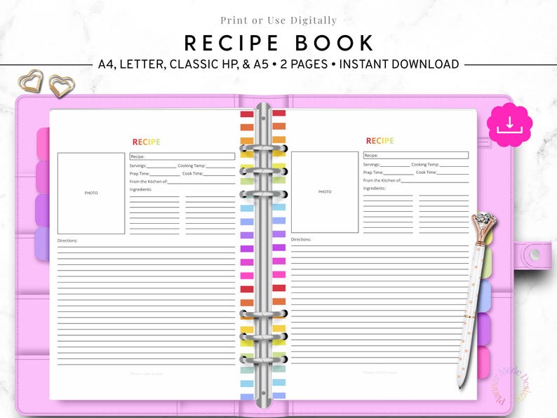 Recipe Book Printable, Digital Recipe Binder, Blank Recipe Pages PDF, Cookbook Template, Meal ...