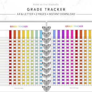 May include: A digital grade tracker with a colorful design. The pages are open, revealing a grid for tracking grades, with the words "GRADE TRACKER" at the top. The pages are bound with a silver binder.