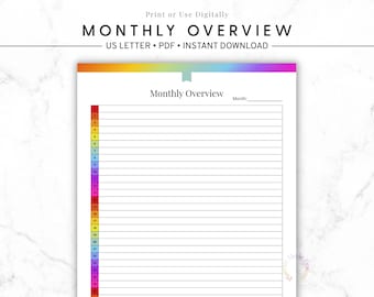 Monthly Overview Colorful Printable, Monthly Planner Page, Calendar Overview Sheet, Productivity Planner, Goal Setting Organizer, To Do List