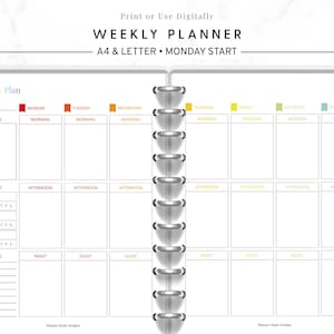 May include: A weekly planner with a Monday start, featuring a clean, open layout. The planner includes sections for goals, habits, and notes, with daily time slots for morning, afternoon, and night. The pages are bound with a silver coil and have colorful side tabs.