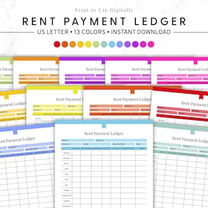 Può includere: Una collezione di modelli colorati di registro dei pagamenti dell'affitto. Ogni modello presenta campi per le informazioni sull'inquilino e una griglia per tenere traccia dei pagamenti mensili. Il testo "RENT PAYMENT LEDGER" è visualizzato in alto.