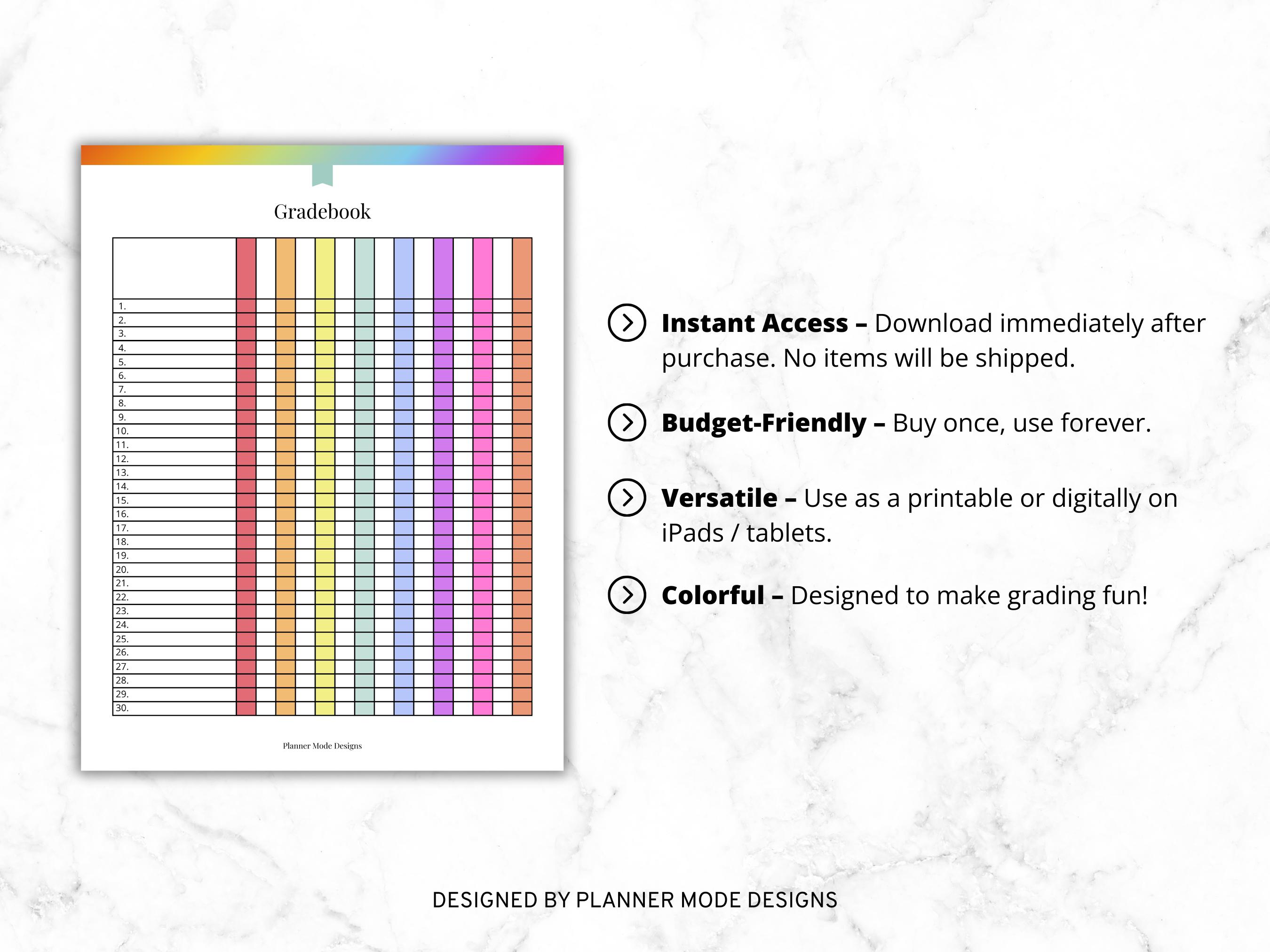 Colorful Teacher Gradebook, Class Grade Tracker, Student Grade Log ...