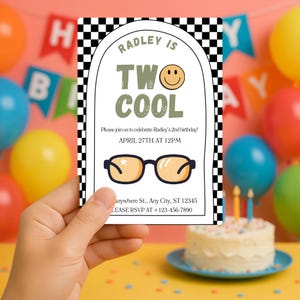 Two Cool Boy Birthday Invitation | Retro Smiley Face 2nd Birthday Invite | Editable Digital Template | Instant Download | B58
